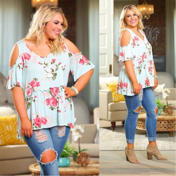 SKYE by INFINITY RAINE Tops - PLUS Mint Cold Shoulder Floral Tunic